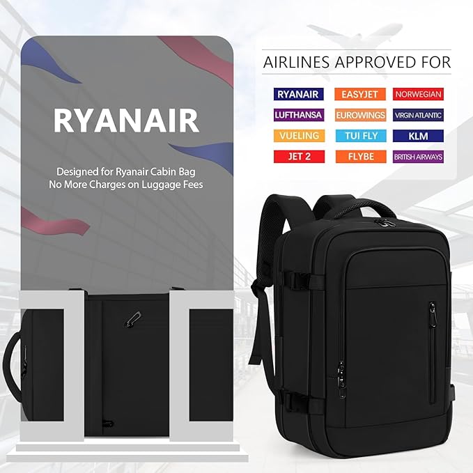 OTAHGK Cabin Bags 40×20×25 for Underseat Carry-ons Travel Backpack Hand Luggage Bag Flight Rucksack Casual Daypack School Office Backpack Fit 14 Inch Laptop with USB Charging Port-Black