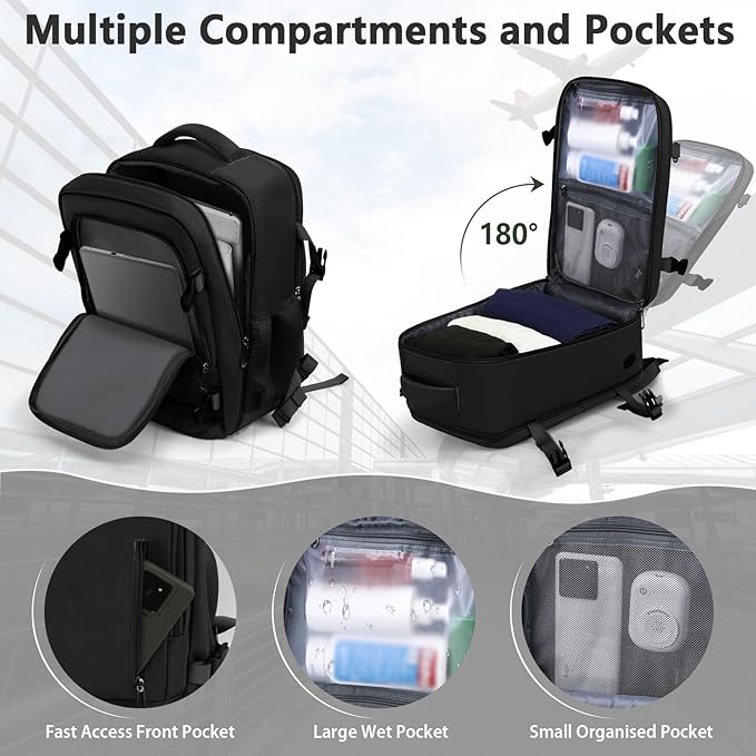 OTAHGK Cabin Bags 40×20×25 for Underseat Carry-ons Travel Backpack Hand Luggage Bag Flight Rucksack Casual Daypack School Office Backpack Fit 14 Inch Laptop with USB Charging Port-Black