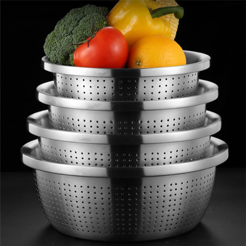 Stainless Steel Drain Basket Colander Round Rice Cleaning Sieve Fruit Vegetable Washing Basin Strainer Filter Kitchen Utensils