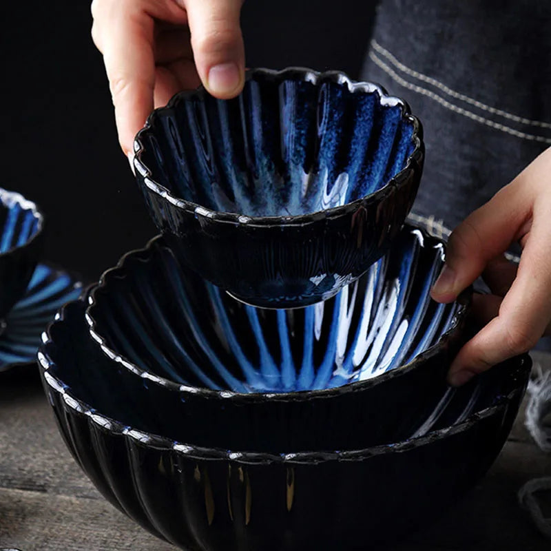 Luxury KINGLANG 2/4/6 Person Dinner Set Ceramic Klin Glaze Flower Shape Rice Bowl Eating Plate Set Tableware