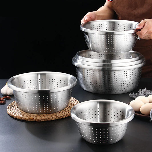 Stainless Steel Drain Basket Colander Round Rice Cleaning Sieve Fruit Vegetable Washing Basin Strainer Filter Kitchen Utensils