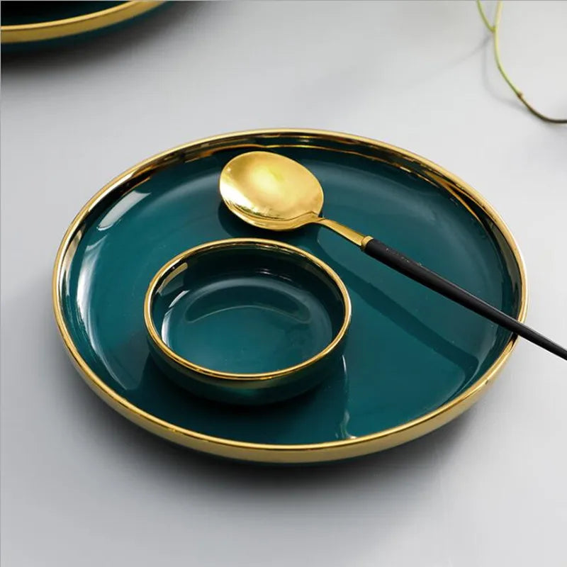 Luxury Gilt Rim Green Ceramic Plate Steak Food Plates Bowls Ins Dinner Dish Luxurious Porcelain Dinnerware Set For Family Hotel