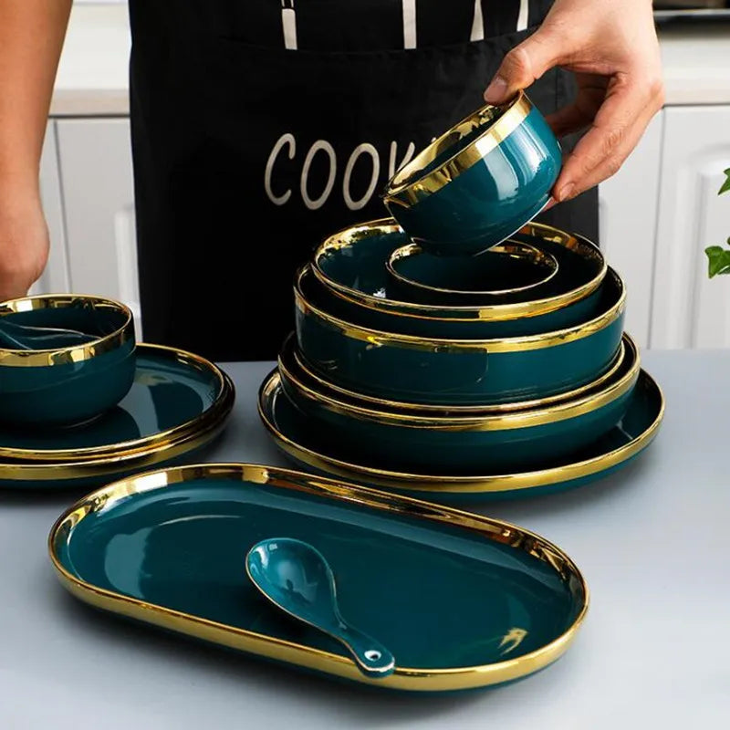 Luxury Gilt Rim Green Ceramic Plate Steak Food Plates Bowls Ins Dinner Dish Luxurious Porcelain Dinnerware Set For Family Hotel