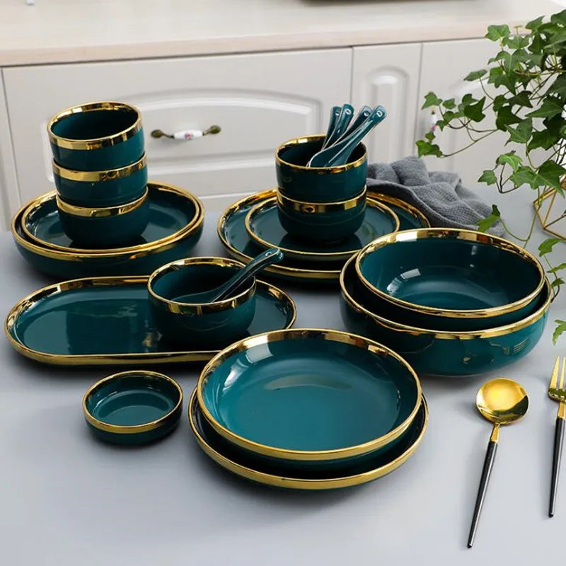 Luxury Gilt Rim Green Ceramic Plate Steak Food Plates Bowls Ins Dinner Dish Luxurious Porcelain Dinnerware Set For Family Hotel