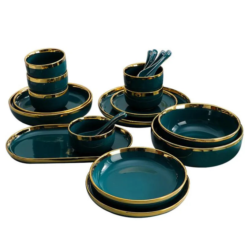 Luxury Gilt Rim Green Ceramic Plate Steak Food Plates Bowls Ins Dinner Dish Luxurious Porcelain Dinnerware Set For Family Hotel