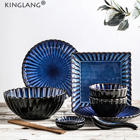 Luxury KINGLANG 2/4/6 Person Dinner Set Ceramic Klin Glaze Flower Shape Rice Bowl Eating Plate Set Tableware