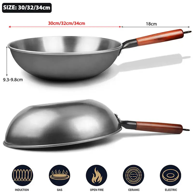 Cast Iron Wok Chinese Traditional Iron Woks 30/32/34cm Flat Bottom Wok and Stir Fry Pans with Wooden Handle Suits for all Stoves