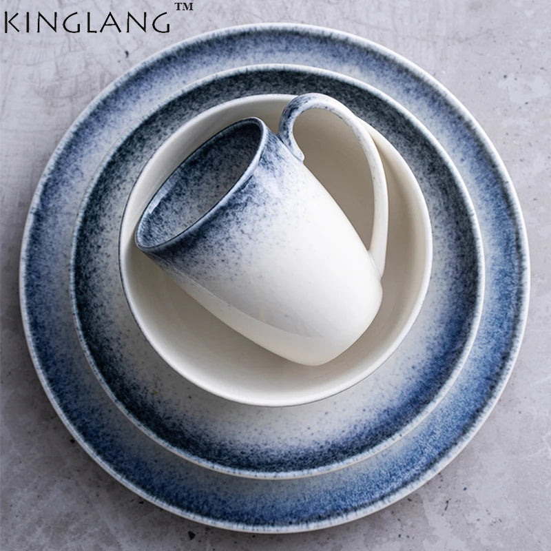 1PCS KINGLANG Creative Ceramic Plate Nordic Dish Dinner Plate Family Steak Plate Eat Rice Bowl Gadient Blue Plate