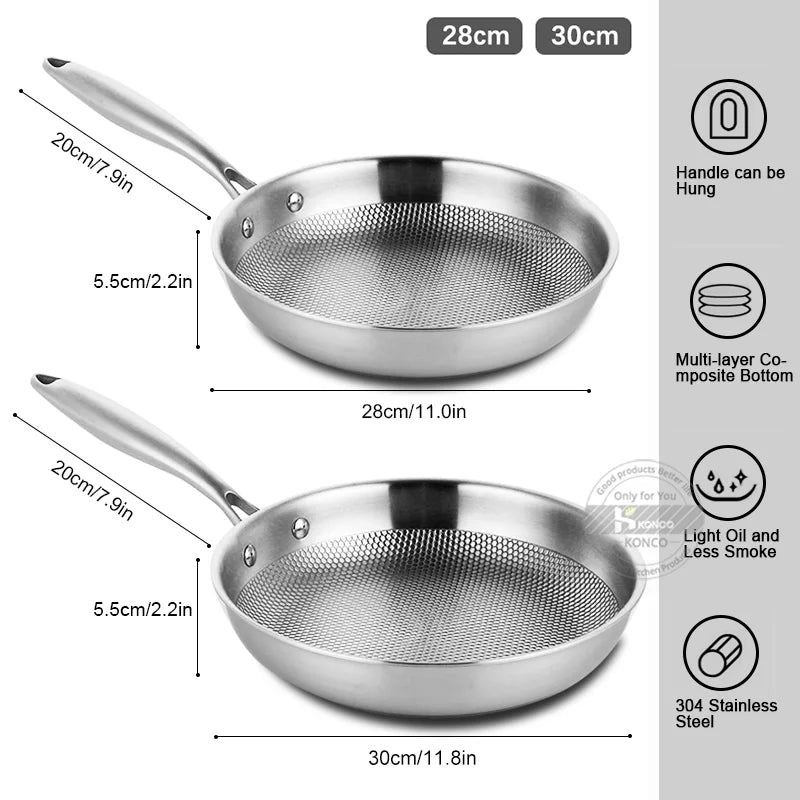 Konco 28/30cm Frying Pan 304 Stainless Steel Woks Non-stick Frying Pot Cooking Wok Flat Frying Pan Induction Gas Cookware