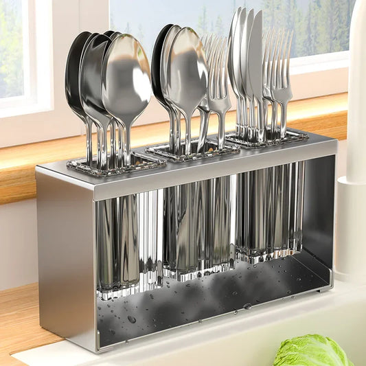 Multifunctional Storage Holder Automatic Drainer Carbon Steel Cutlery Knife Fork Racks Kitchen Storage Tools