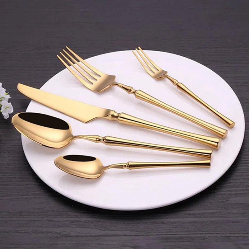 KuBac Hommi 30Pcs Shiny Dinnerware Set 18/10 Stainless Steel Mirror Gold Cutlery Set Golden Color Drop Ship