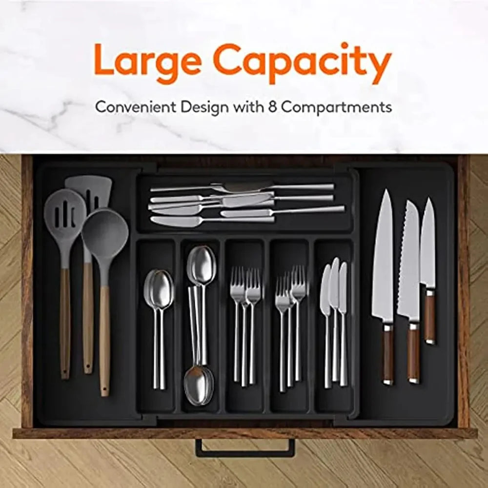 Black Cutlery Organiser Silverware Drawer Organizer Expandable Utensil Tray for Kitchen Adjustable Flatware and Cutlery Holder