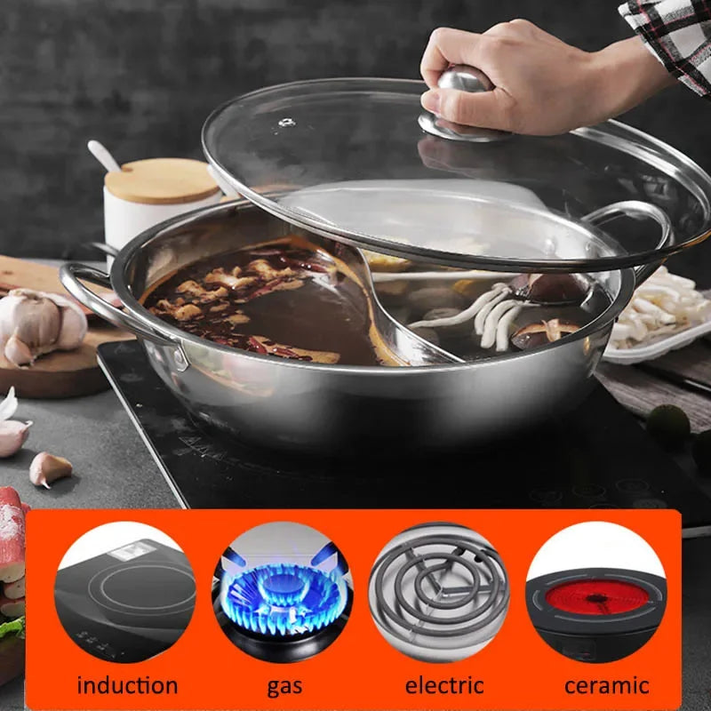 Hot Pot with Lid Thicken Stainless Steel 2 In 1 Divided Hotpot Kitchen Cooking Pan with Cover Gas Stove Induction Cooker