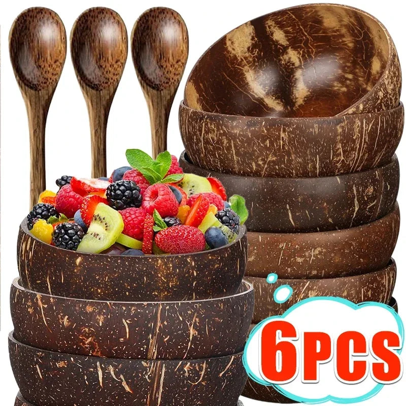 Coconut Shell Bowls For Serving Dishes Salad Oatmeal Yogurt Reusable Wood Natural Coconut Bowl Kitchen Tableware Set Party Decor