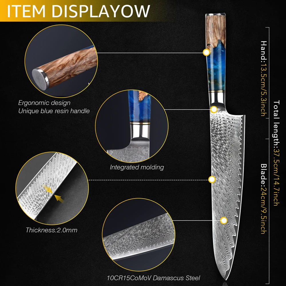 Damascus Steel Kitchen Knives VG10 Chef Paring Bread Knife Chef Knife Sharp Japanese Santoku Knife Resin Wood Handle Set