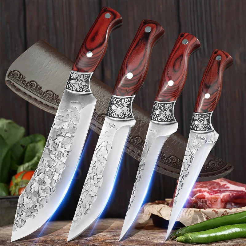 BBQ Butcher Boning Knife Hand Forged Wooden Handle Utility Knife Chef Slicing Fish Fruit Steak Knife Cleaver Meat Kitchen Knives