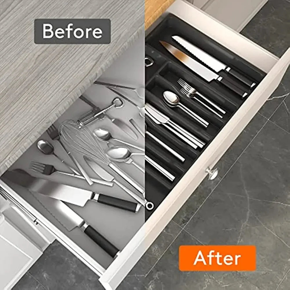 Black Cutlery Organiser Silverware Drawer Organizer Expandable Utensil Tray for Kitchen Adjustable Flatware and Cutlery Holder