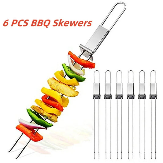 6pcs/set Stainless Steel Double Needle Barbecue Skewers with Self Push Plate Barbecue Forks Outdoor Home BBQ Accessories Tools