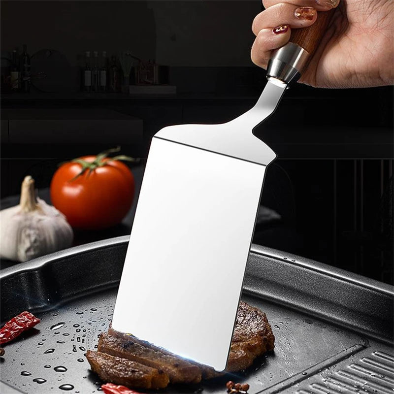 Stainless Steel Square Head Steak Cooking Spatula Wood Handle Pizza Shovel Pancake Beef Turner Scraper BBQ Utensils For Kitchen