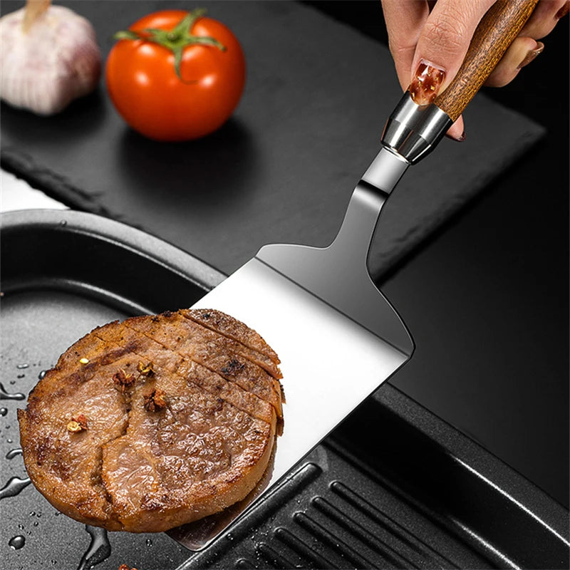 Stainless Steel Square Head Steak Cooking Spatula Wood Handle Pizza Shovel Pancake Beef Turner Scraper BBQ Utensils For Kitchen