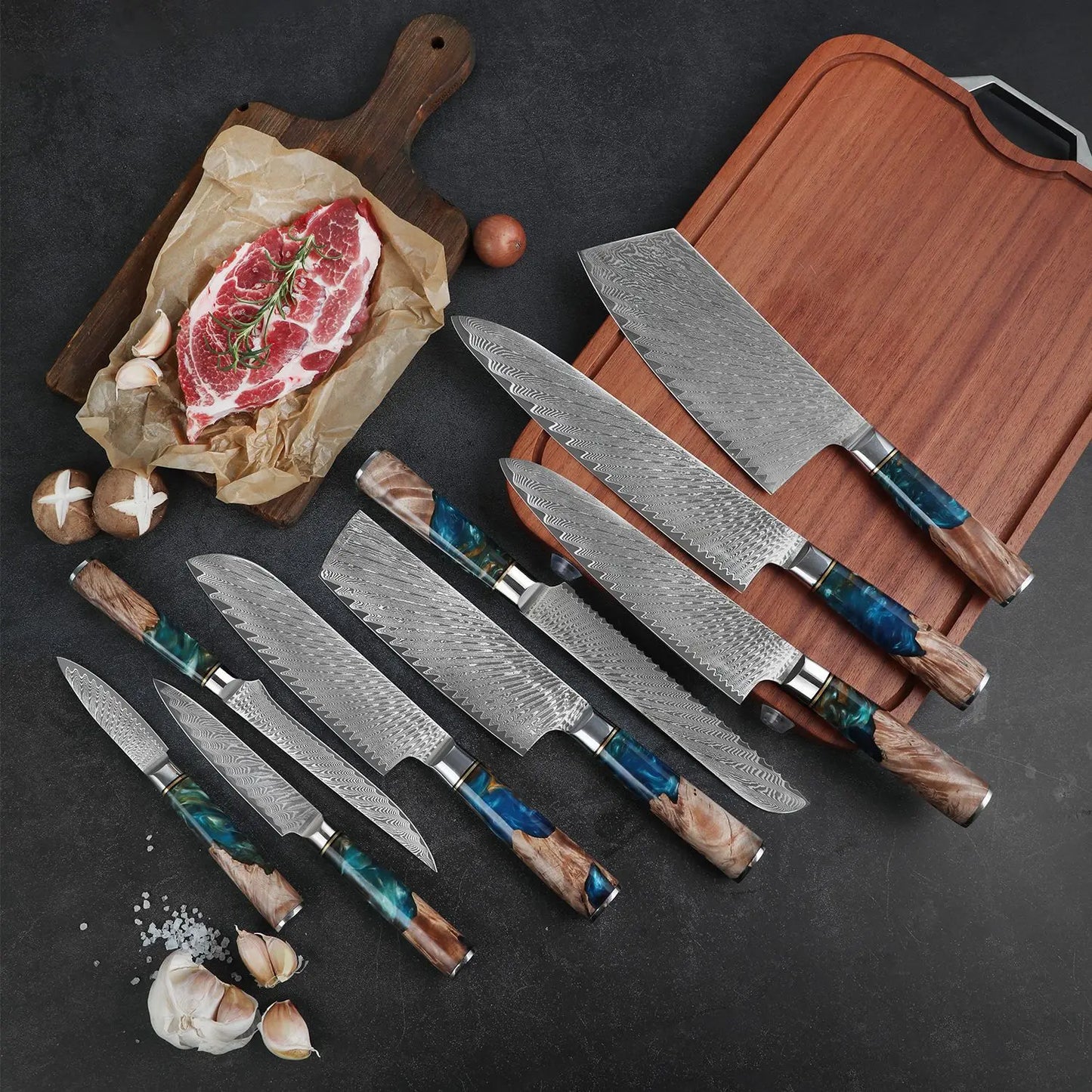 Damascus Steel Kitchen Knives VG10 Chef Paring Bread Knife Chef Knife Sharp Japanese Santoku Knife Resin Wood Handle Set