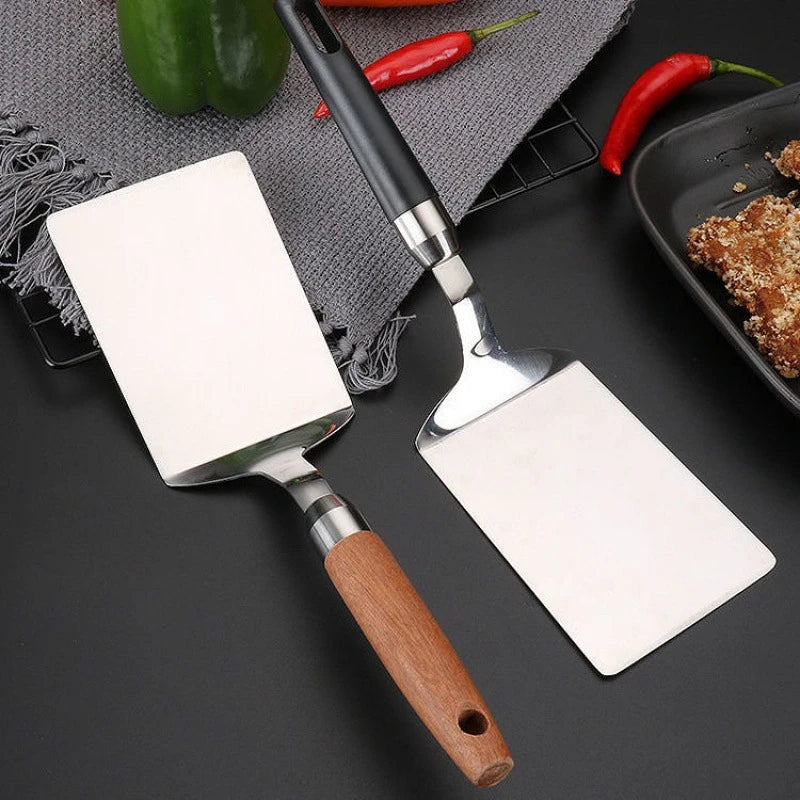 Stainless Steel Square Head Steak Cooking Spatula Wood Handle Pizza Shovel Pancake Beef Turner Scraper BBQ Utensils For Kitchen