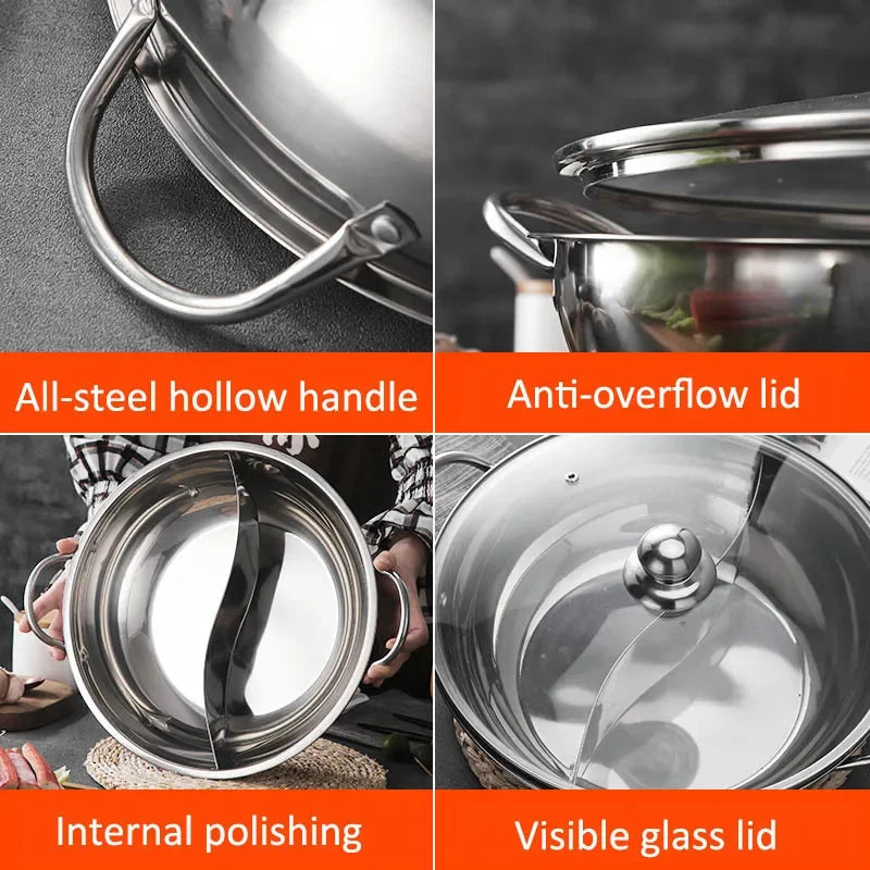 Hot Pot with Lid Thicken Stainless Steel 2 In 1 Divided Hotpot Kitchen Cooking Pan with Cover Gas Stove Induction Cooker