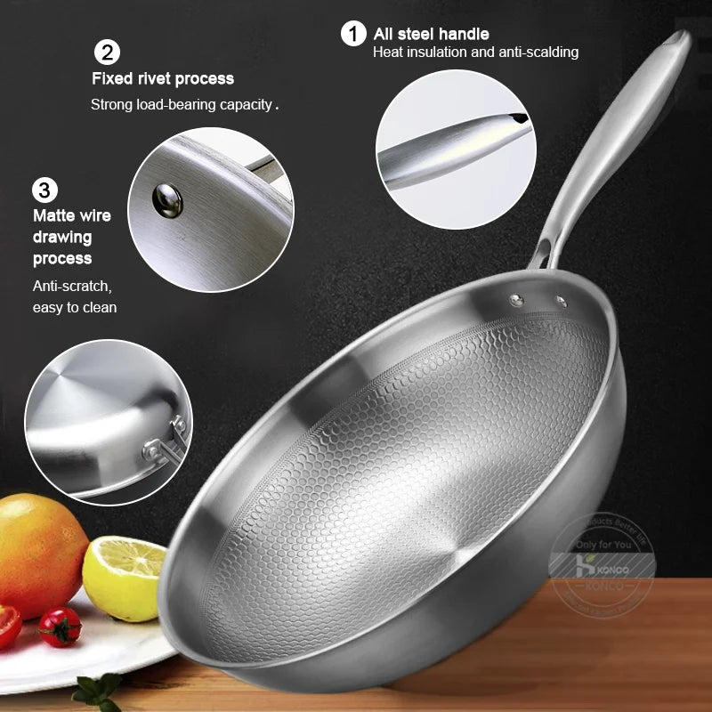 Konco 28/30cm Frying Pan 304 Stainless Steel Woks Non-stick Frying Pot Cooking Wok Flat Frying Pan Induction Gas Cookware