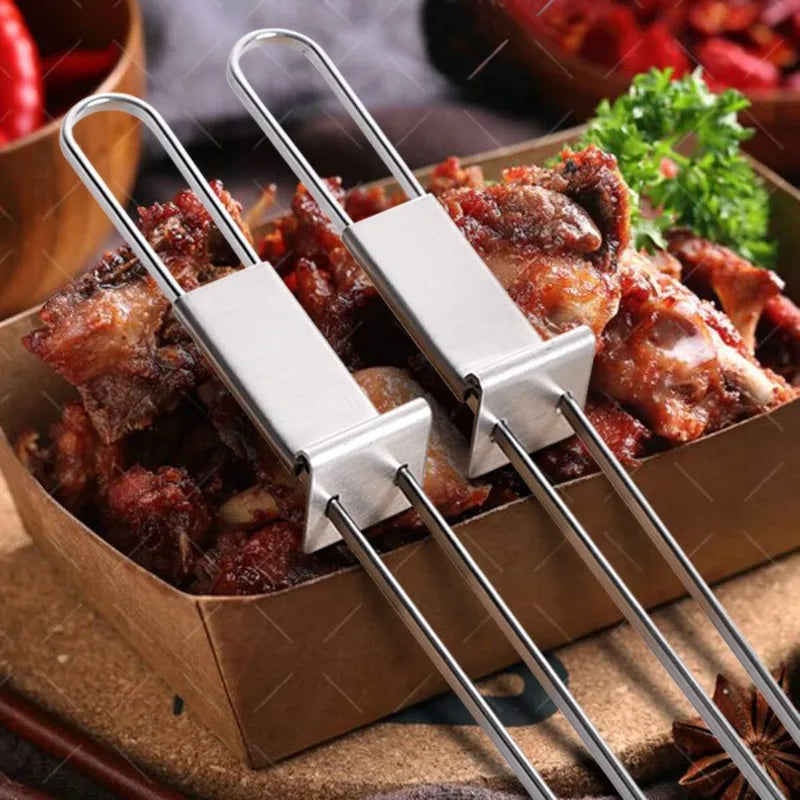 6pcs/set Stainless Steel Double Needle Barbecue Skewers with Self Push Plate Barbecue Forks Outdoor Home BBQ Accessories Tools