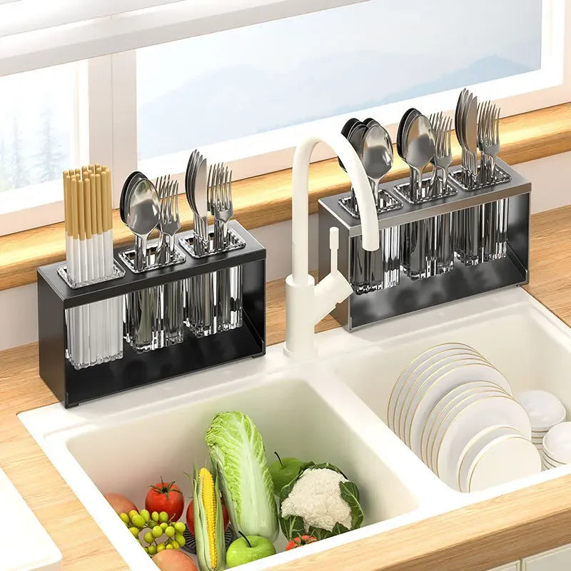 Multifunctional Storage Holder Automatic Drainer Carbon Steel Cutlery Knife Fork Racks Kitchen Storage Tools