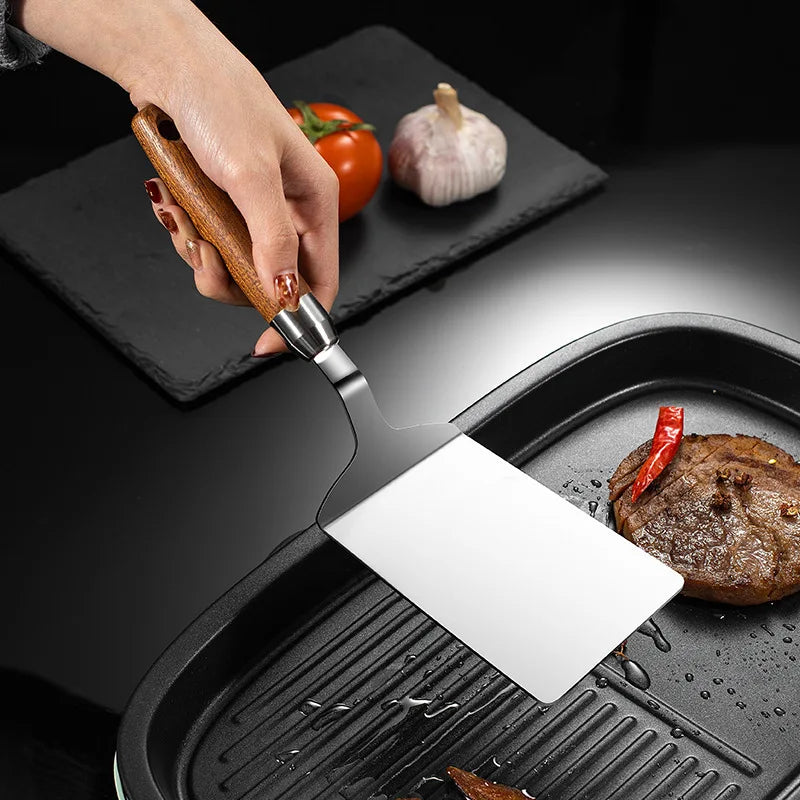 Stainless Steel Square Head Steak Cooking Spatula Wood Handle Pizza Shovel Pancake Beef Turner Scraper BBQ Utensils For Kitchen