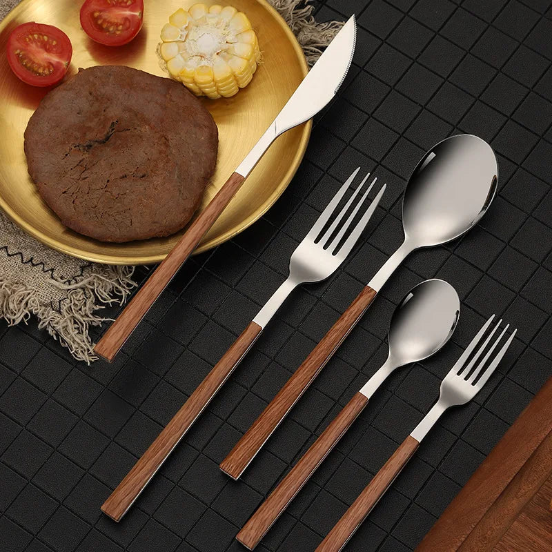 16pcs Stainless Steel Imitation Wooden Handle Cutlery Set Dinnerware Clamp Western Tableware Knife Fork Tea Spoon Silverware