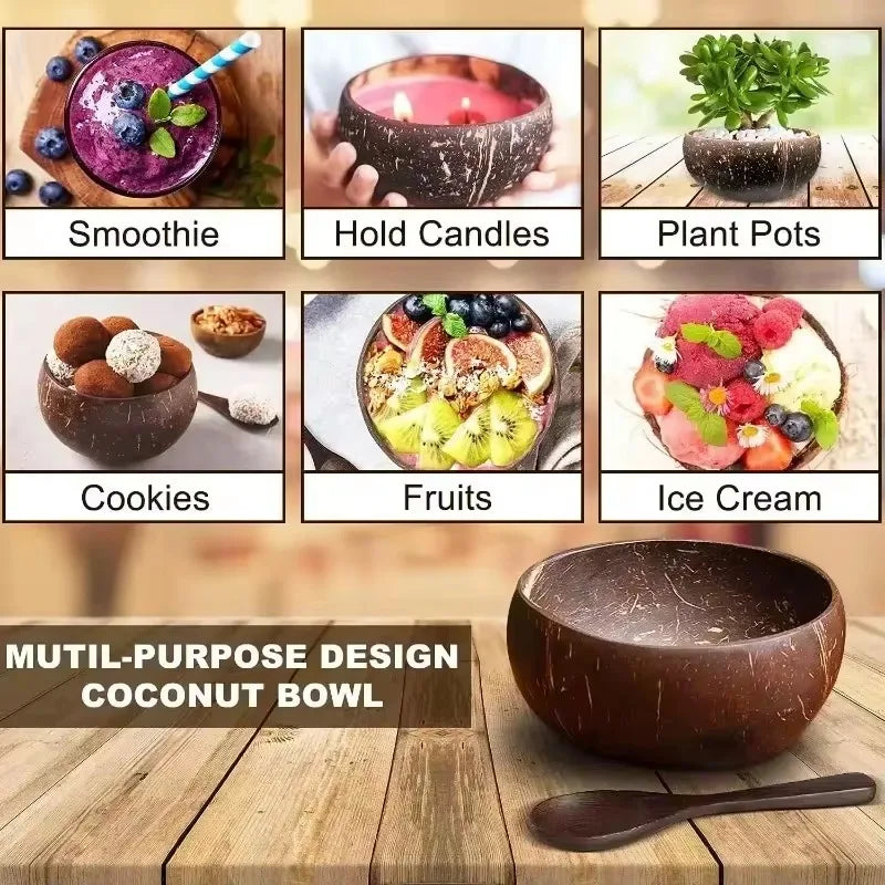 Coconut Shell Bowls For Serving Dishes Salad Oatmeal Yogurt Reusable Wood Natural Coconut Bowl Kitchen Tableware Set Party Decor