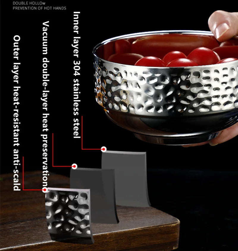 304 Stainless Steel Double Layer Bowls Insulated Anti-Scald Rice Bowls Noodle Ramen Soup Food Container Kitchen Tableware Bowl