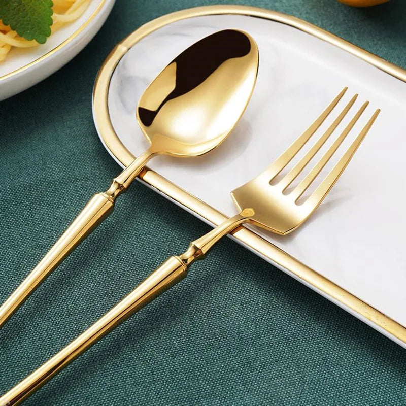 KuBac Hommi 30Pcs Shiny Dinnerware Set 18/10 Stainless Steel Mirror Gold Cutlery Set Golden Color Drop Ship