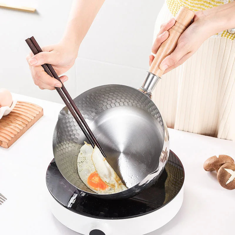 Stainless steel pan Japanese Snow Pan Wooden Handle Lid Stew Pots Fry Wok Saucepan Milk Pot Kitchen Utensils Practical Cookware