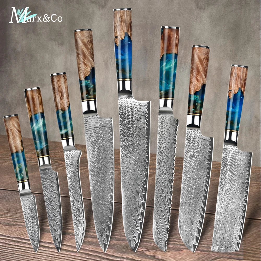 Damascus Steel Kitchen Knives VG10 Chef Paring Bread Knife Chef Knife Sharp Japanese Santoku Knife Resin Wood Handle Set